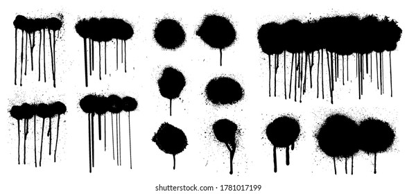 Great graffiti spray collection with high detail. Isolated collection drips black ink splatters and dots from spray with current paint. Blank Graffiti template mockup with effect spray. Vector grunge