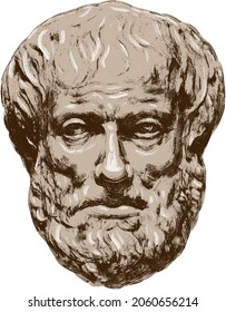 Great greek philosopher Aristotle. Vintage portrait in grunge style, isolated vector head, monochrome sepia color drawing. Ancient scientist tutored Alexander the Great