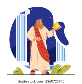 Great greek scientist with pyramid concept. Man in traditional old clothes near marble columns. Culture and history. Ancient citizen of Greece or Rome Empire. Cartoon flat vector illustration