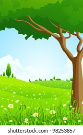Great Green Landscape with Flowers and Trees for your design