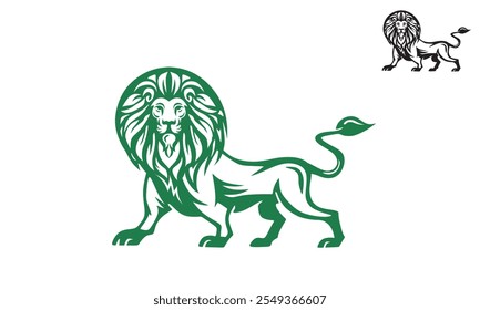 great green lion walking with elegantly logo, silhouette of jungle king standing vector illustrations