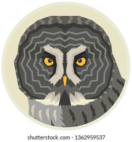 Great grey owl Vector illustration of a bird in a round frame set