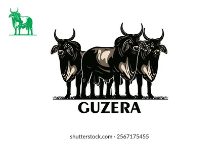 great guzera cattle logo, silhouette og big and strong horned bull standing vector illustrations