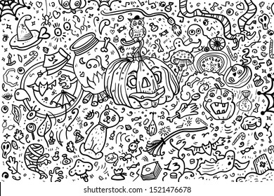 Great Halloween coloring book. Pumpkin, zombie, vampire, potion, spiderweb, horror and fear. - Vector. Vector illustration