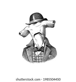 Great hammerhead shark man in hat and suit. Marine mammal. Victorian gentleman or aristocrat. Fashion animal character. Engraved illustration for and T-shirts or tattoo. Hand drawn sketch.