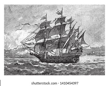 Gran Harry es el primer barco famoso de la Marina inglesa construido en 1512, dibujo de línea vintage o ilustración de grabado.