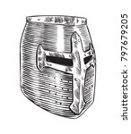 Great helm medieval age crusader helmet. Hand drawn vector illustration.
