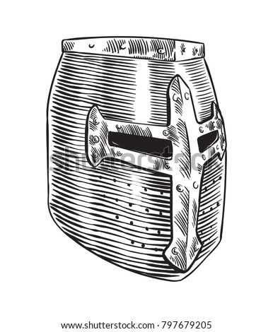 Great helm medieval age crusader helmet. Hand drawn vector illustration.
