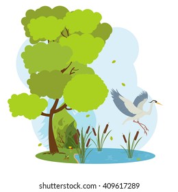 great heron flies over the pond. forest landscape with a lake and herons. vector. heron flying over a marsh. Heron flying over the forest lake.