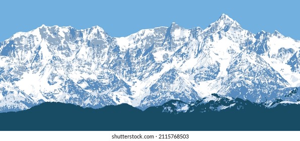 Great Himalayan range, Himalayas mountains vector illustration, snowcapped white and blue colored mountain
