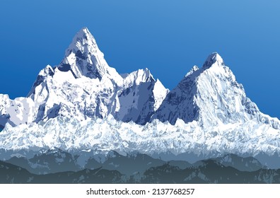 Great Himalayan range, Himalayas mountains vector illustration, snowcapped white and blue colored mountain