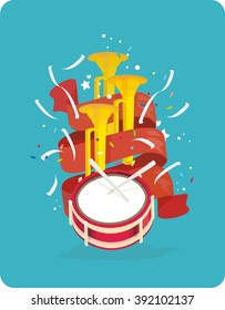 Great holiday, parade of musical instruments. Festival, trumpet, drum, red ribbons, confetti