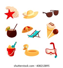 Great holidays set, vector cartoon colored icons and elements for beach and vacation isolated objects, beach holidays, koktelyl, hat, rubber ring, underwater mask, ice cream, sun lounger, summer icon