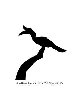 Great Horn Bird Silhouette Perched on the Branch Tree Silhouette. Vector Illustration