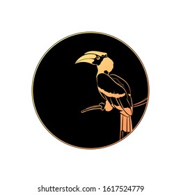 Great hornbill in black circle. Vector illustration.