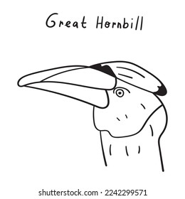 Great Hornbill. Outline illustration. Vector graphic design on white background.