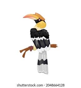 Great hornbill perched on a branch.Isolated vector illustration on a white background.