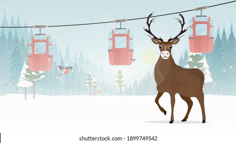 Great horned deer. Cable car with trailers in the winter forest. Funicular carriage. The forest is with deer and snow. Cartoon style. Vector 