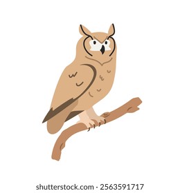 Great horned owl cartoon clipart. Hoot owl vector illustration in flat style. Hand-drawn wild animal concept