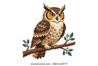 Great horned owl perched on branch detailed wildlife vector illustration with wildlife, predator
