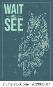 Great horned owl poster design in engraved line art style and retro vintage feel, spooky and dashing design combined with attractive retro colors, perfect for adding an elegant impression to your room