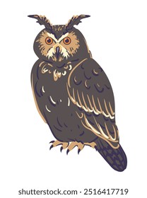 Great horned owl, vector illustration, cartoon character, animal in flat style. Eared owl isolated on white. Magic familiar for witch, totem animal, symbol of wisdom and knowledge.