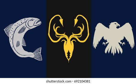 Great Houses Minimalistic Icons. A song of Ice and Fire Great House Heraldry. Game of Thrones heraldic vector sign. Game of Thrones Vector Icons. Great Houses of Westeros. CMYK. 