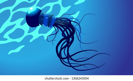 Great, huge jellyfish swim in deep water, dangerouse poison tentacles and big jelly dome