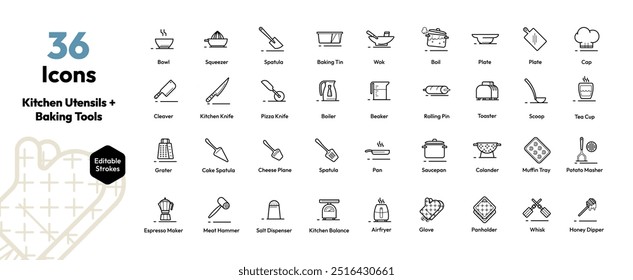 Great icon pack featuring kitchen utensils, baking tools, + culinary gadgets. Ideal for recipe apps, food blogs, and cooking websites, this set includes vector icons of cookware, tools + kitchenware.