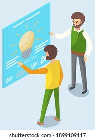 Great idea and brainstorming in business with businessmen partners looking at idea bright light bulb. Vector modern flat design concept creative web banner with two man are discussing solution