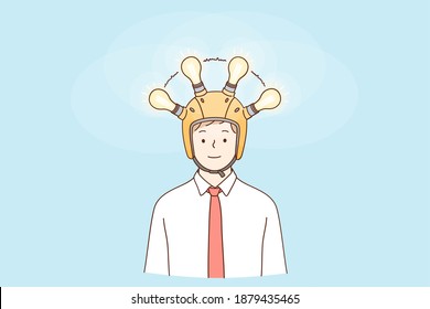 Great idea, business development, innovation concept. Happy young businessman cartoon character standing in helmet with signing lamps on head having great idea for business development 