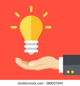 Great idea, business solution, innovative technology. Human hand and lightbulb. Modern flat design concept for web banners, web sites, printed materials, infographics. Creative vector illustration
