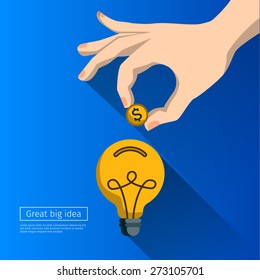Great Idea, business startup concept in flat style, 
Investment or attracting money in the idea
