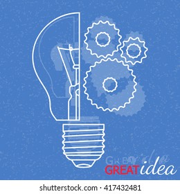 Great idea concept.  Background with bulb, cogwheels  and grunge texture. Vector illustration