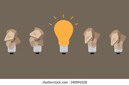 great idea concept with crumpled paper and light bulb brown