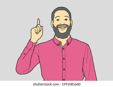 Great Idea Concept. Young Man Pointing Finger Up. happy Got Solution To His Problem, Having Aha Moment. hand drawn style vector design illustrations.