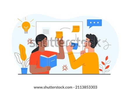Great idea concept. Young man and woman stick stickers to board. Characters take notes. Brainstorming, employees discuss project work, innovation and inspiration. Cartoon flat vector illustration