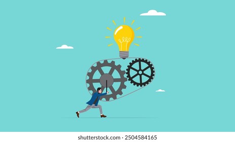 great idea development, strategy to success or improvement, efficiency or productivity concept, careful planning, businessman moves the cogwheel gears to activate the lightbulb idea