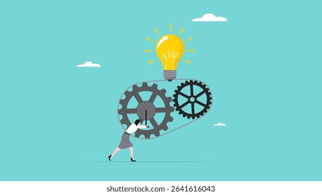 great idea development, strategy to success or improvement, efficiency or productivity concept, careful planning, business woman moves the cogwheel gears to activate the lightbulb idea
