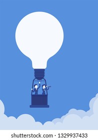 Great idea hot air balloon with lamp bulb and business people in basket. Businessman, businesswoman float high in sky, enjoy accomplishment of aim or purpose. Vector illustration, faceless characters