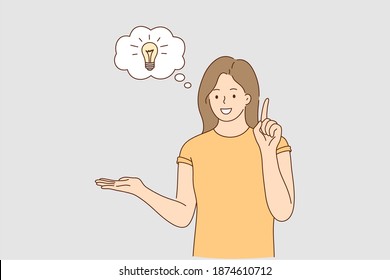 Great idea, innovation, startup concept. Young smiling woman cartoon character showing having good idea and innovation in brain with finger with lamp symbol in bubble vector illustration 