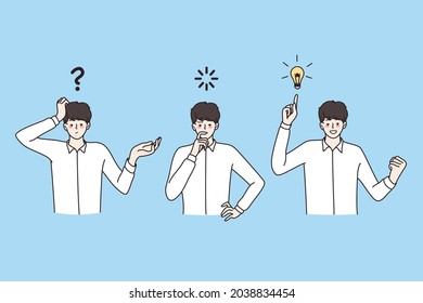 Great idea, innovation, strategy concept. Young positive businessman standing thinking and searching for idea process in business development vector illustration 