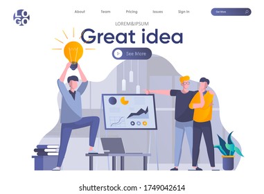 Great idea landing page with header. Man presenting new great idea before investors, startup team brainstorming in office scene. Coworking, teamwork and creativity situation flat vector illustration.