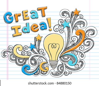 Great Idea LIghtbulb Hand-Drawn Sketchy Notebook Doodles on Lined Sketchbook Paper Background- Vector Illustration