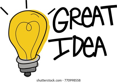 Great Idea message text with cartoon hand drawn doodle lightbulb. Useful for greeting card, banner or header