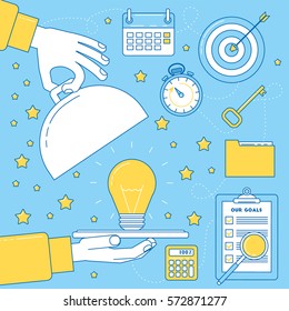 Great idea metaphor, light bulb served on a dish tray. Business concept, practice solution