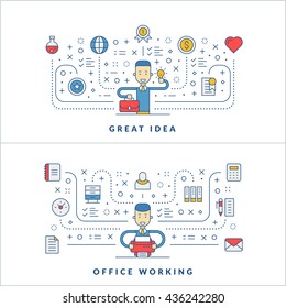 Great idea. Office working. Flat line icons and businessman cartoon character. Business concept. Vector thin line illustration for website banner template or header