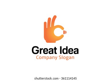 Great Idea Okey Yes Hand Light Bulb Symbol Vector Logo Design Illustration