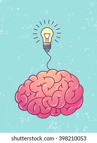 Great idea poster. Brain with light bulb on blue grunge background. Vector illustration. 