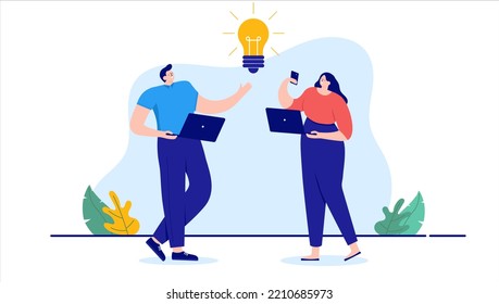 Great idea - Two business people man and woman working on ideas smiling and being happy with light bulb. Flat design cartoon illustration with white background